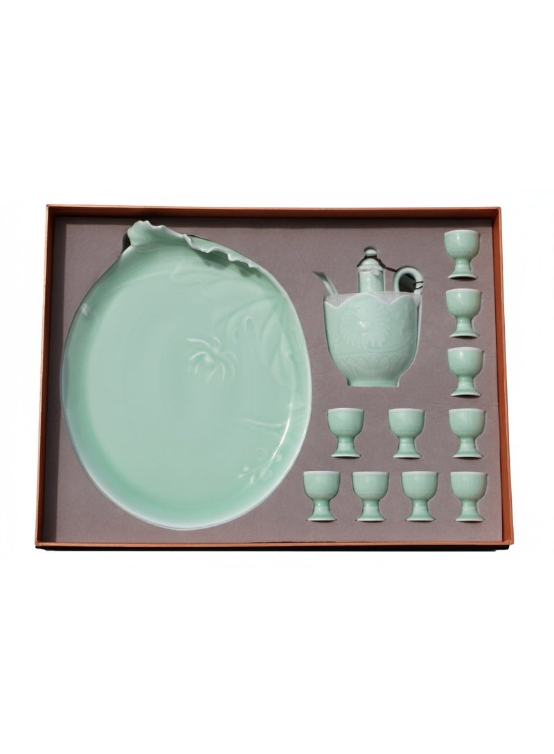 Luxury Mint Green Ceramic Wine Set – 10 Goblets with Wine Pot & Serving Plate, Glossy Glaze Finish, Luxury Gift Box Packaging, Elegant Majlis & Home Serving Set - Image 1